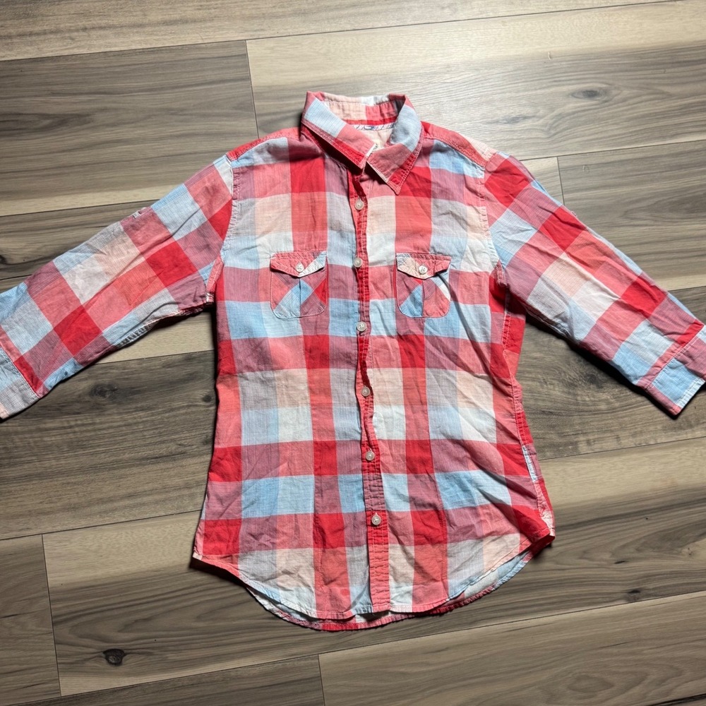 American Eagle Outfitters Favorite Fit Plaid Button Down Shirt Red Blue XS